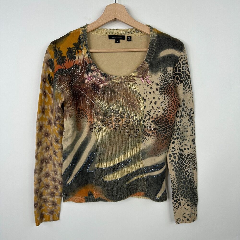 BCBG Max Azria Sweater M Leopard Print Beaded Scoop Neck Cropped Boho Artsy